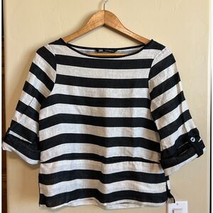 Zara Striped 100% Linen Top Black White Striped Top Gold Button Accent US/S EU/S